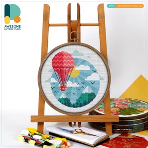 Mountain Balloon Ride Cross Stitch Pattern and Kit: Modern Needlework Art, Simple Cross Stitch Embroidery Sampler, CS505