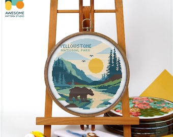 Yellowstone National Park, USA, America Cross Stitch Pattern and Kit - Modern Needlework Art, Embroidery Sampler for Nature Lovers, CS2679