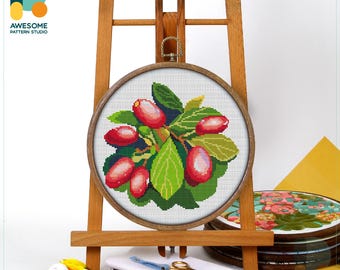 Cornelian Cherries Cross Stitch Pattern and Kit: Modern Cross Stitch, Embroidery Sampler for Needlework Art Enthusiasts, CS985