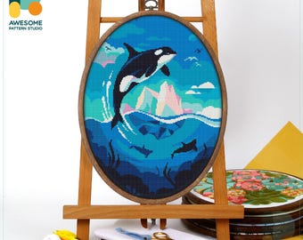 Orca at Sunset Cross Stitch Pattern and Kit: Modern Needlework Art for Creative Embroidery Sampler Enthusiasts, CS1272