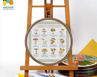 Poisonous Mushrooms Cross Stitch Pattern and Kit - Modern Needlework Art with PDF Pattern and Hoop Art Embroidery Sampler, CS1979