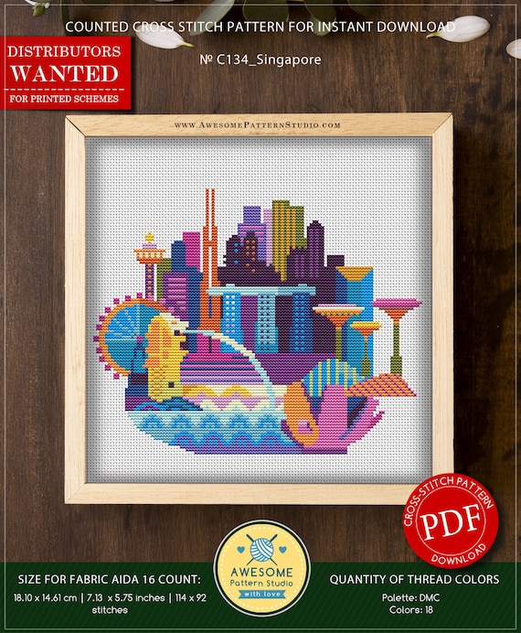 Singapore #P134 Cross Stitch Embroidery PDF Pattern Download