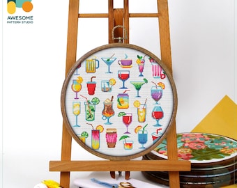 Colorful Drink Illustrations Cross Stitch Kit and Pattern - Modern Embroidery Sampler and Needlework Art, CS1691