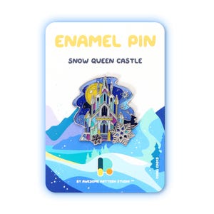 May include: Enamel pin featuring a colorful castle design with a full moon and snowflake accents. The pin is labeled "Snow Queen Castle" in black text and "Enamel Pin" in yellow. The pin is on a blue and white card with the text "By Awesome Pattern Studio".
