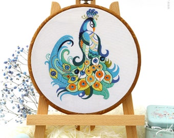 Peacock  EM076, Embroidery Pattern KIT and PDF | Gift Kit | Needlepoint Kit | Needlepoint Frame | Simple Needlepoint | Sewing