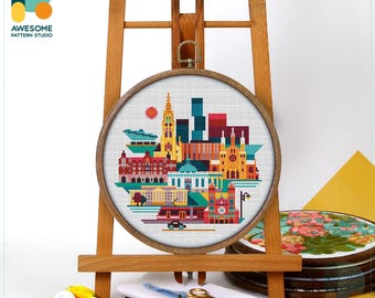 Katowice, Poland, Europe Cross Stitch Pattern and Kit - Modern Needlework Art for DIY Embroidery Sampler Enthusiasts, CS1551