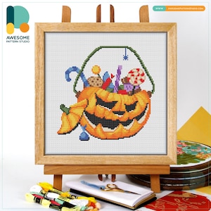 Pumpkin Candy Basket Cross Stitch Pattern and Kit: Modern Needlework Art and Simple Embroidery Sampler for Fall Decor, CS2381