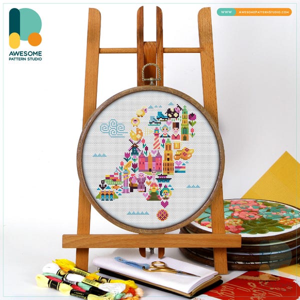Netherlands Icons Map Cross Stitch Pattern and Kit - Modern Cross Stitch Embroidery Sampler for Needlework Art Enthusiasts, CS2153
