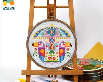 Parrot Carousel Cross Stitch Pattern and Kit - Modern Cross Stitch Hoop Art with PDF Pattern and Embroidery Sampler, CS1571