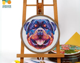 Rottweiler Cross Stitch Kit and Pattern - Modern Needlework Art and Embroidery Sampler for Dog Lovers, CS789