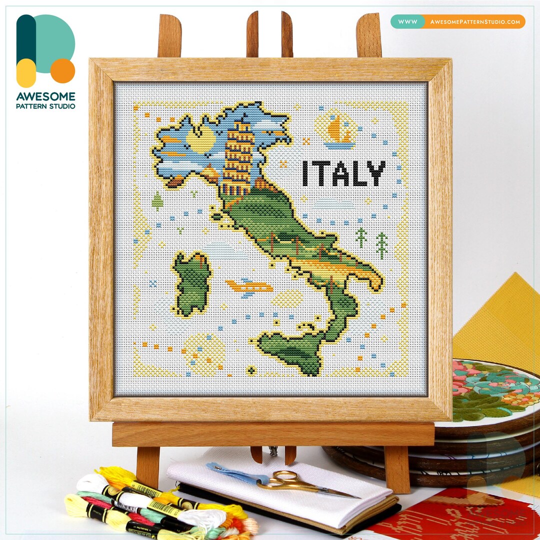 The Leaning Tower of Pisa Map, Italy Cross Stitch Pattern and Kit ...