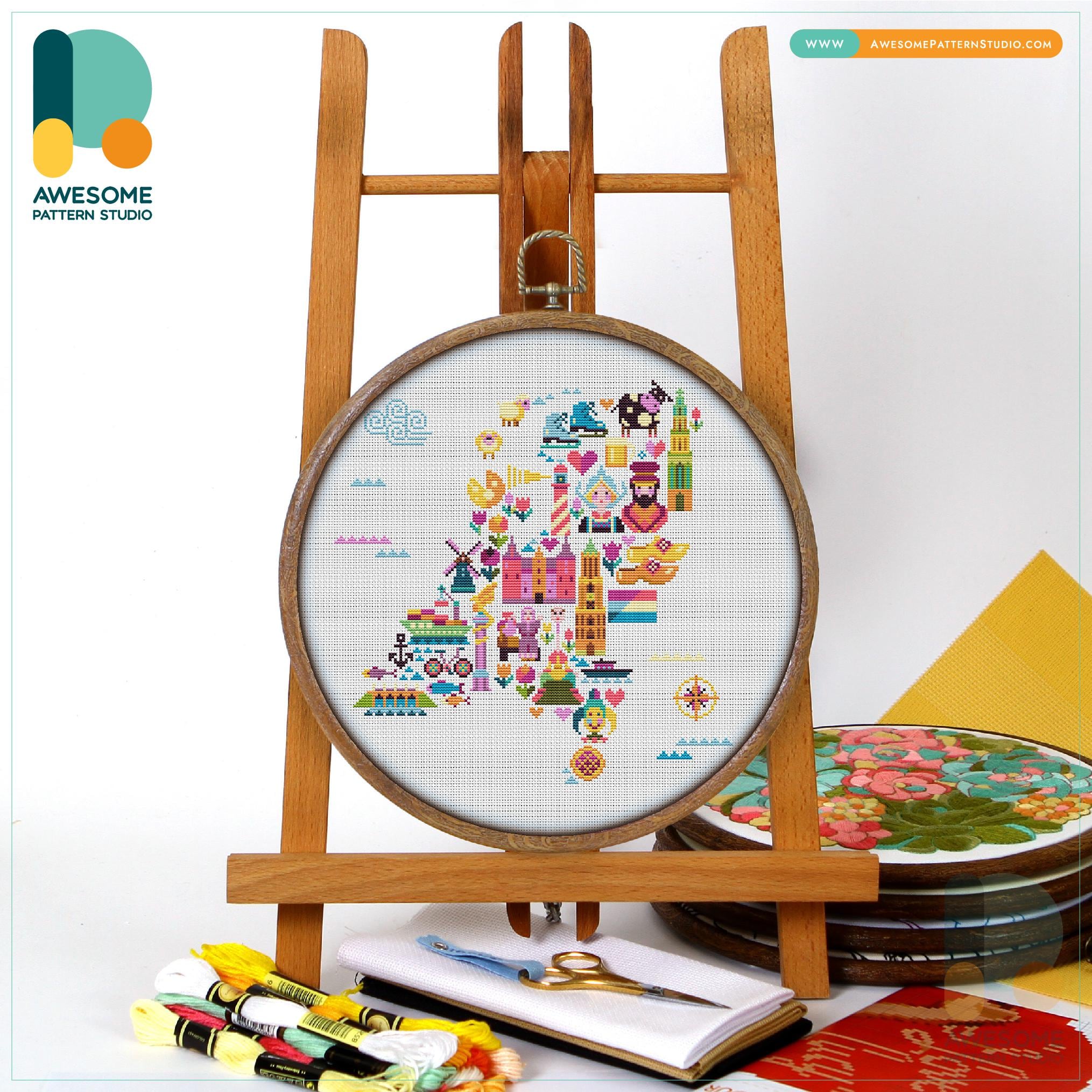 Dutch Icons Pattern Netherlands Icons Map Cross Stitch Pattern and Kit: Modern Needlework ...