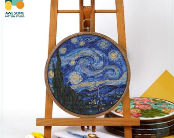 The Starry Night By Van Gogh Cross Stitch Pattern and Kit Modern Cross Stitch Needlework Art PDF Pattern, CS2201