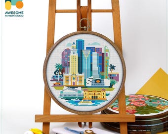 Miami, USA, America Cross Stitch Pattern and Kit - Modern Cross Stitch Needlework Art and PDF Pattern for Embroidery Sampler, CS086