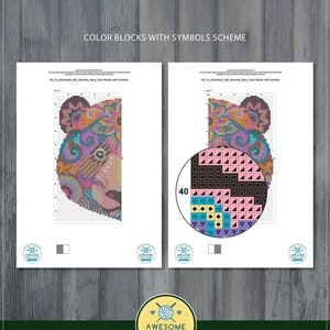 Puede incluir: Un archivo PDF que muestra un patr&oacute;n de bloques de color para un dise&ntilde;o de oso mandala. El dise&ntilde;o se muestra en una cuadr&iacute;cula con s&iacute;mbolos que representan diferentes colores. La clave de color se muestra en un c&iacute;rculo con 40 colores diferentes.