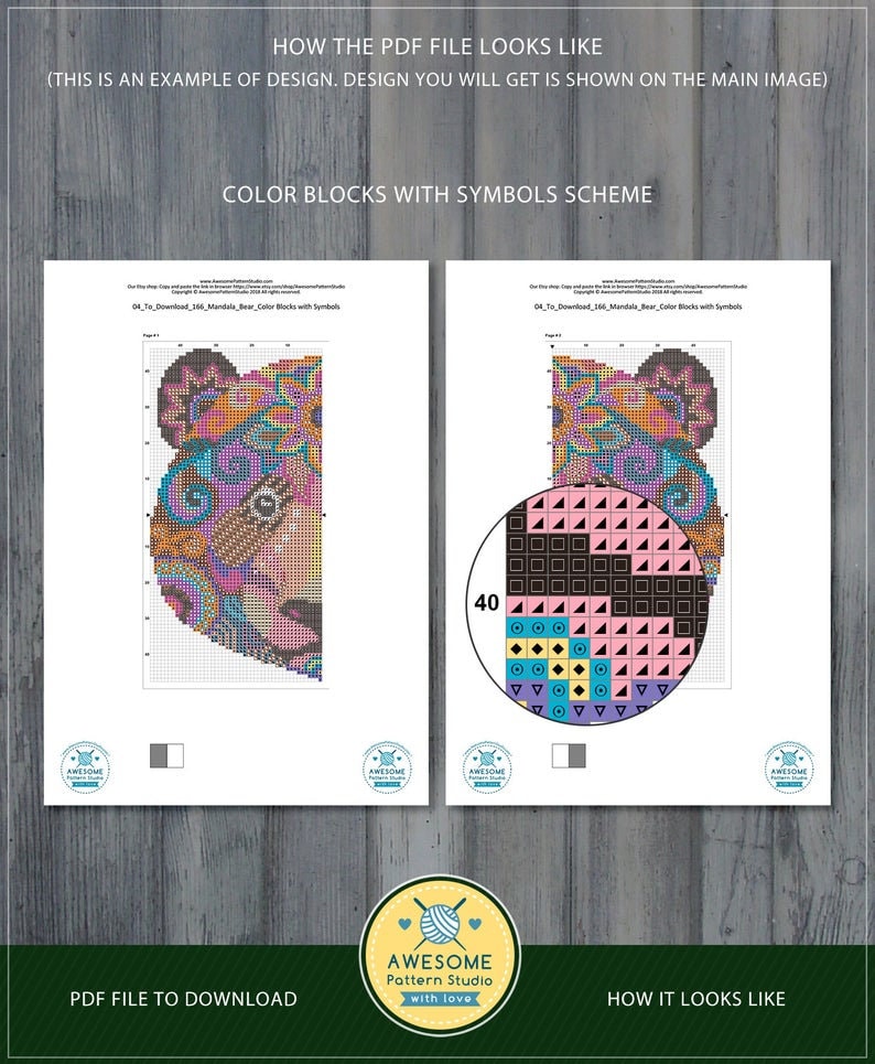 Puede incluir: Un archivo PDF que muestra un patr&oacute;n de bloques de color para un dise&ntilde;o de oso mandala. El dise&ntilde;o se muestra en una cuadr&iacute;cula con s&iacute;mbolos que representan diferentes colores. La clave de color se muestra en un c&iacute;rculo con 40 colores diferentes.