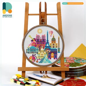 Paris, France, Europe Cross Stitch Pattern and Kit: Modern Needlework Art, PDF Pattern, Embroidery Sampler for DIY Enthusiasts, CS137