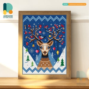 Christmas Deer Diamond Painting Set by Wizardi. WD304 Diamond Art Kit.  Small Diamond Painting Kit 