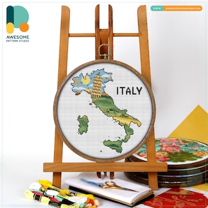 The Leaning Tower of Pisa Map, Italy Cross Stitch Pattern and Kit - Modern Needlework Art and Embroidery Sampler, CS2553