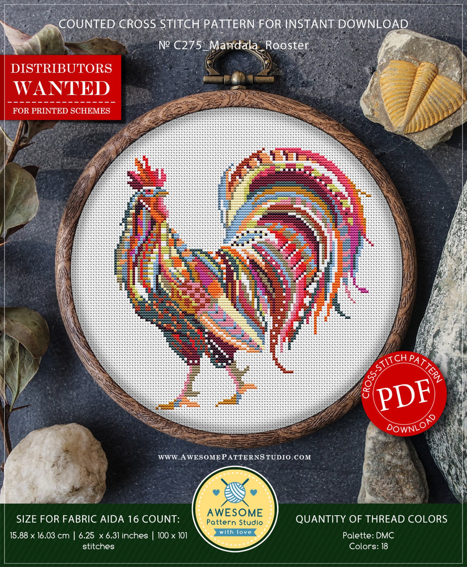 Mandala Rooster P275 Cross Stitch Embroidery Pattern ...