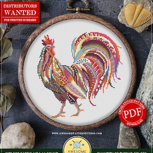 Puede incluir: Patrón de punto de cruz contado para descarga instantánea de un diseño de mandala de gallo colorido. El patrón es para tela Aida de 16 hilos, 15,88 x 16,03 cm, 100 x 101 puntos. El patrón utiliza 18 colores DMC.