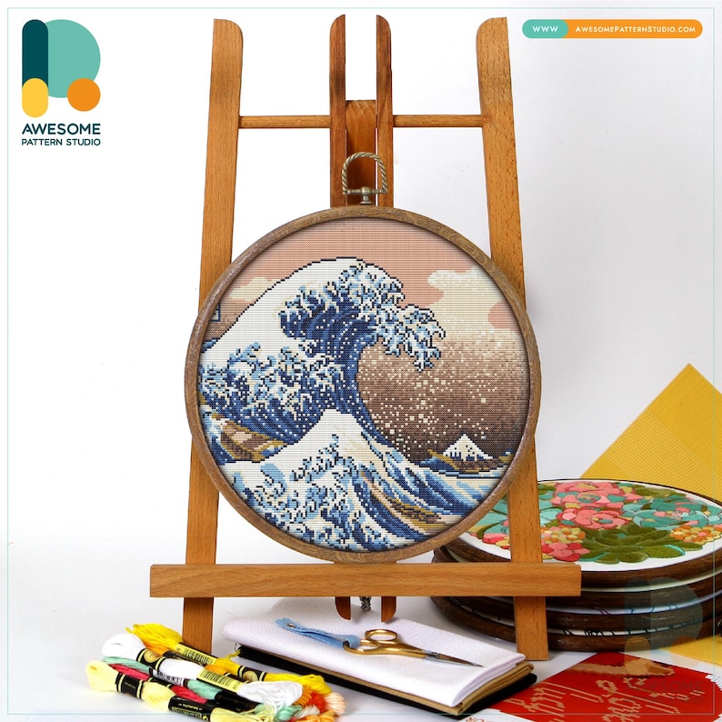 The Great Wave off By Kanagawa Katsushika Hokusai Cross Stitch Pattern and Kit by Hokusai - Modern Needlework Art and PDF Pattern, CS2203 CS2203(150 x 150)