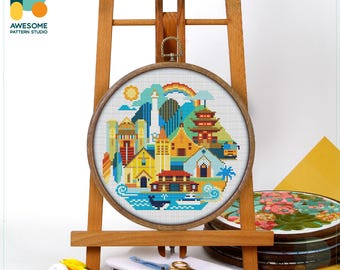 Lahaina, USA, Hawaii Cross Stitch Pattern and Kit: Modern Cross Stitch Needlework Art, CS089