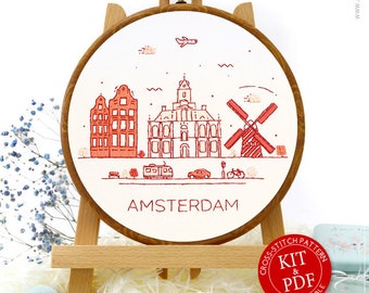 Amsterdam, Netherlands Embroidery Kit and Pattern: Modern Embroidery Art for Adult Crafts, Perfect Gift for Her