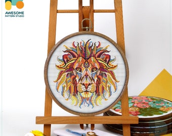 Mandala Lion CS222, Counted Cross Stitch Pattern KIT and PDF | Stitch Patterns | Needlepoint Kits | Embroidery | Pattern Download