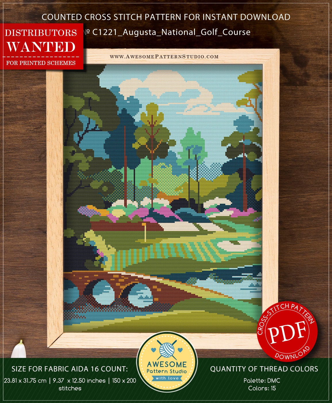 Augusta National Golf Course #P1221 Cross Stitch Pattern | Cross Stitch Embroidery | Pattern Download | Cross Stitch Kits | Embroidery Kits
