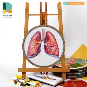 Patrón y kit de punto de cruz "Anatomía de los pulmones": arte moderno de bordado para una decoración única con bastidor, CS1086