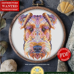 May include: Counted cross stitch pattern for an Airedale Terrier, a dog breed with a distinctive wiry coat. The pattern is in a colorful, abstract style with shades of orange, yellow, pink, purple, and blue. The pattern is 93 stitches wide by 110 stitches high, and is designed for 16 count Aida fabric. The pattern is available as a digital download in PDF format.