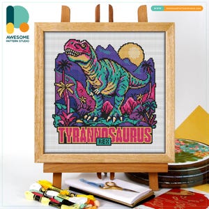 Dino Park T-Rex Cross Stitch Pattern & Kit - Modern Needlework Art and Embroidery Sampler for Fun Stitching, CS3191