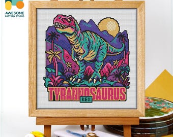 Dino Park T-Rex Cross Stitch Pattern & Kit - Modern Needlework Art and Embroidery Sampler for Fun Stitching, CS3191