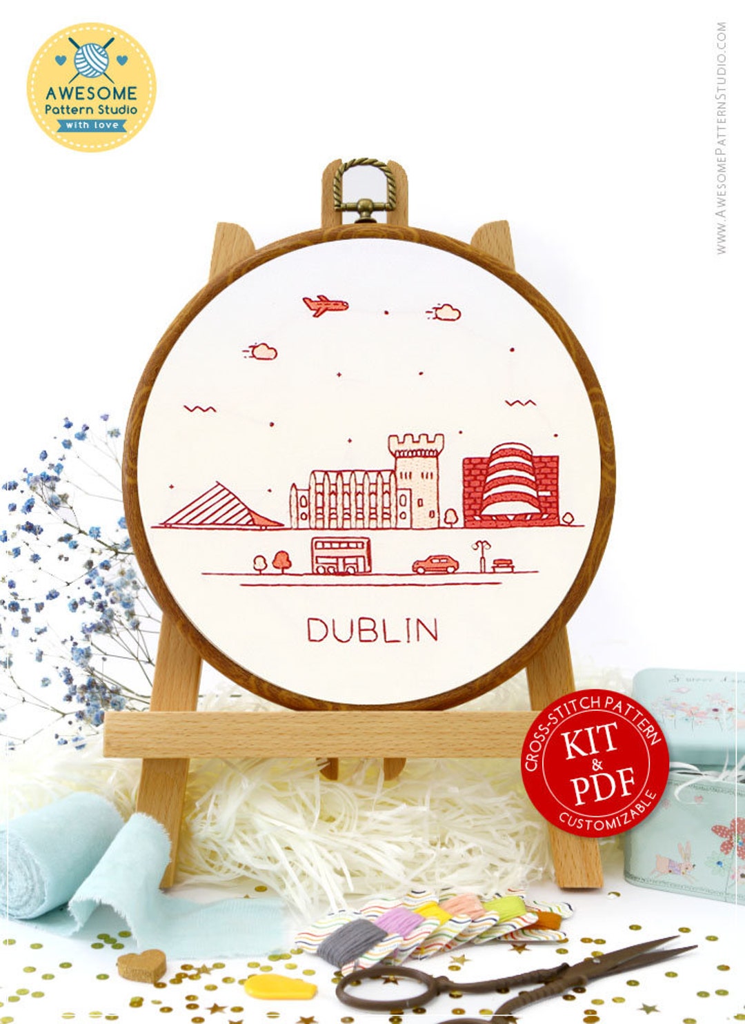 Dublin Ireland Embroidery EM175, Embroidery Pattern KIT and PDF City