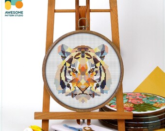 Geometric Tiger Face Cross Stitch Pattern and Kit - Modern Cross Stitch Needlework Art for Embroidery Lovers, CS253
