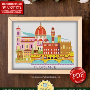 May include: A framed cross-stitch pattern featuring a colorful depiction of Florence, Italy, with the word "FLORENCE" below the image. The pattern includes a cathedral, buildings, and a bridge. The pattern is for instant download.