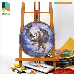 Flying Gryphon Cross Stitch Pattern and Kit - Modern Needlework Art with PDF Pattern and Embroidery Sampler, CS409