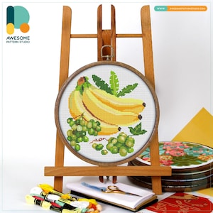 Bananas and Grapes Cross Stitch Pattern and Kit: Modern Cross Stitch Needlework Art with PDF Pattern for Fun Hoop Art Crafting, CS1027