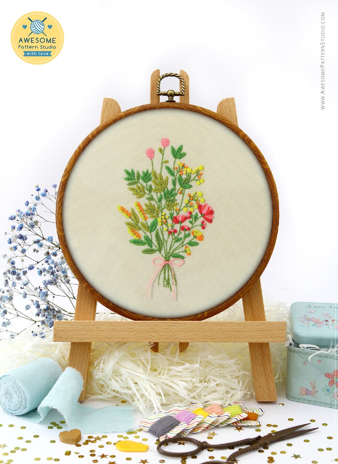 Floral Wildflowers Bouquet Embroidery Kit and Pattern Boho Decor