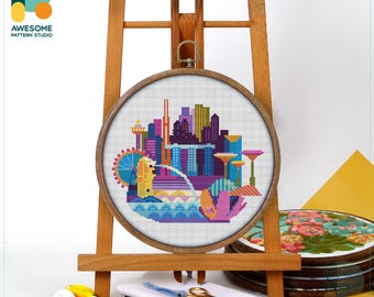 Singapore, Singapore, Asia Cross Stitch Pattern and Kit: Modern Needlework Art, Embroidery Sampler for Unique Hoop Art Decor, CS134