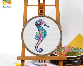 Mandala Seahorse Cross Stitch Pattern and Kit: Modern Cross Stitch and Hoop Art Embroidery Sampler, CS202
