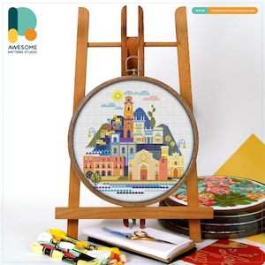 Sorrento, Italy, Europe Cross Stitch Kit and Pattern: Modern Cross Stitch Needlework Art PDF Pattern and Embroidery Sampler, CS634