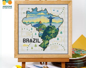 Rio de Janeiro Map, Brazil Cross Stitch Pattern and Kit: Modern Needlework Art, Simple Embroidery Sampler, CS2538