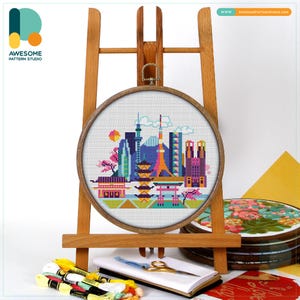 Tokyo, Japan, Asia Cross Stitch Pattern and Kit – Modern Needlework Art with PDF Embroidery Sampler, CS163