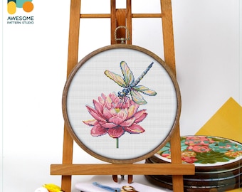 Dragonfly and Lotus Cross Stitch Pattern and Kit: Modern Cross Stitch Needlework Art with PDF Pattern, CS2616