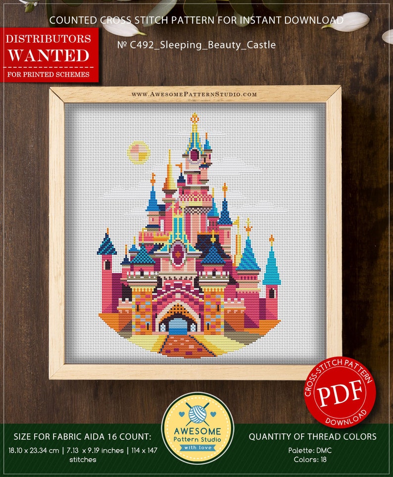 Sleeping Beauty Castle P492 Cross Stitch Embroidery Pattern Instant Download Cross Stitch Patterns Embroidery Kits Stitch Design image 2