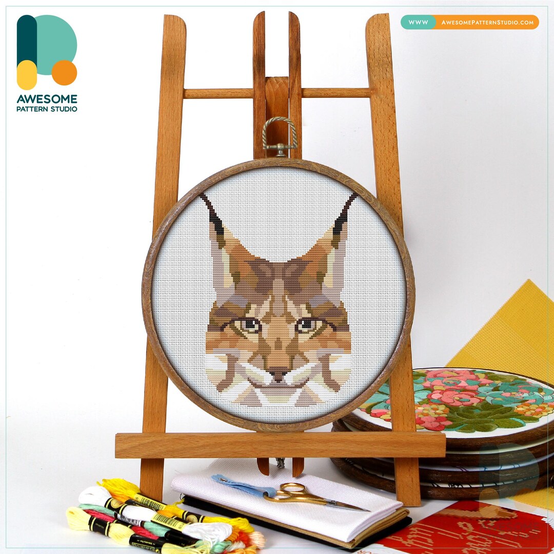 Geometric Bobcat Cross Stitch Pattern and Kit - Modern Needlework Art ...