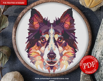May include: Counted cross stitch pattern for instant download of a colorful Border Collie dog head in a wooden embroidery hoop. The pattern is available as a PDF download. The pattern is 91 x 112 stitches and uses 18 DMC colors.