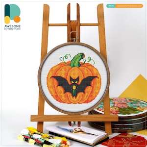 Pumpkin with Bat Cross Stitch Pattern and Kit - Modern Needlework Art, Simple Embroidery Sampler, CS2414